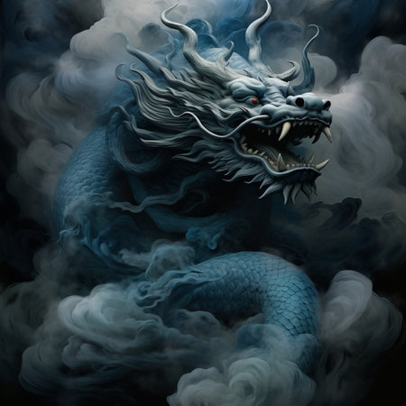 Blue dragon in smoke on black background. Fantasy illustration. Digital painting.の素材