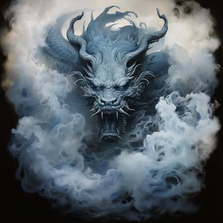Dragon head in smoke on black background. Fantasy illustration. Digital painting.の素材