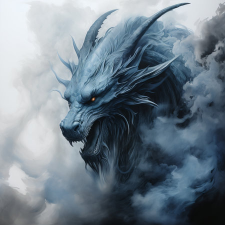 3d rendering of a fantasy dragon with smoke in the background.の素材