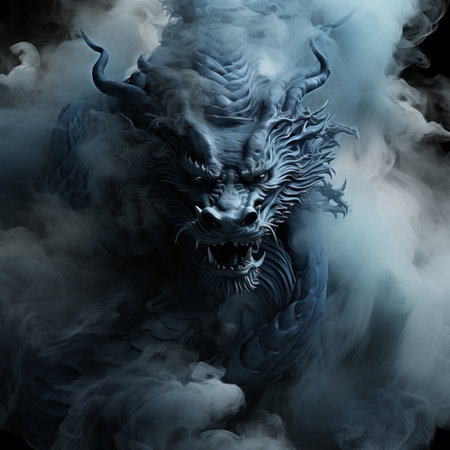 Dragon head with smoke on black background. 3D illustration. 3D CG. High resolution.の素材