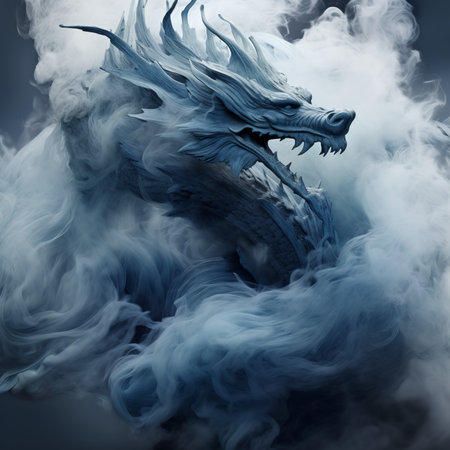 Dragon head in a cloud of blue smoke. 3D illustration.の素材