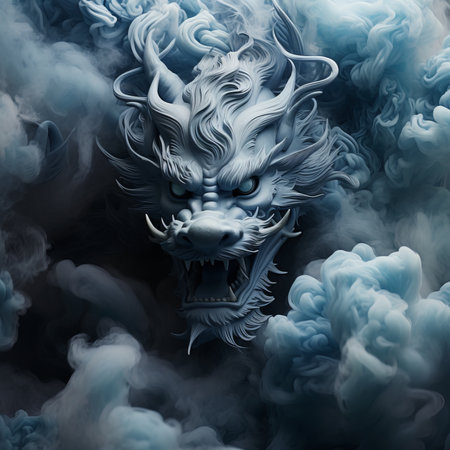 Dragon head with smoke on black background. 3D illustration. Fantasy.の素材
