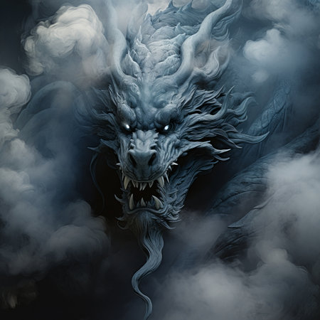 3D rendering of a fantasy dragon with smoke in the background.の素材