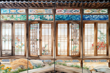 Korean traditional style window painting on the wall of an old houseの素材