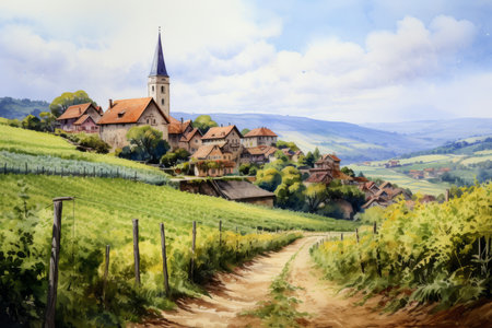 Vineyards and village in Alsace, France. Digital paintingの素材