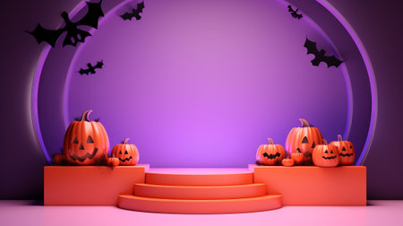 Halloween podium with pumpkins and bats on purple background. 3d renderの素材