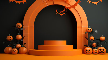 Halloween background with pumpkins, black arch and podium. 3d renderの素材