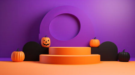 Halloween podium with pumpkins, 3d render, purple backgroundの素材