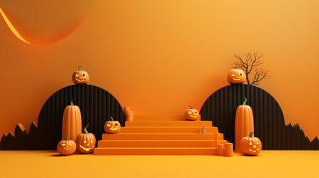 Halloween background with pumpkins and stairs. 3d render.の素材