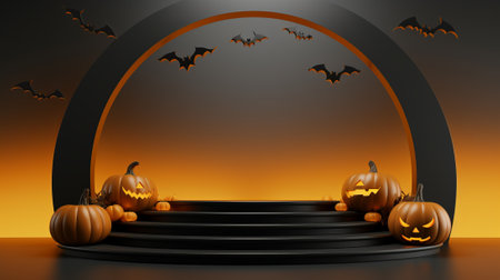 Halloween background with pumpkins and flying bats. 3d renderの素材