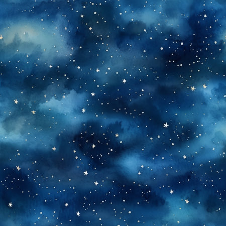 Seamless pattern with watercolor clouds and stars. Hand drawn illustrationの素材