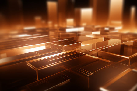 Abstract golden background with glowing cubes. 3d illustration. Square composition.の素材