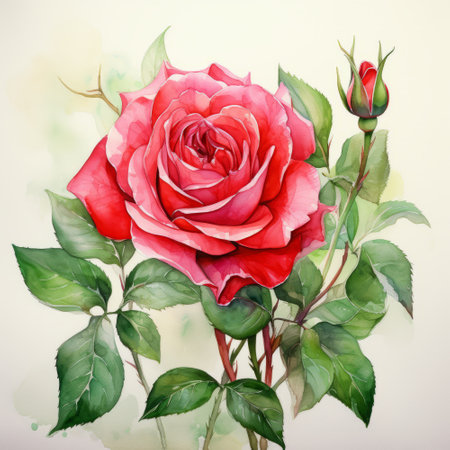 Watercolor painting of red rose with green leaves on white background.の素材