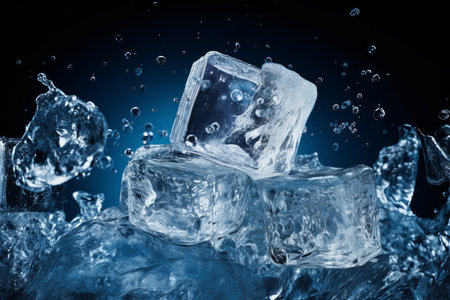 Ice cubes with water drops on blue background. 3d illustration.の素材