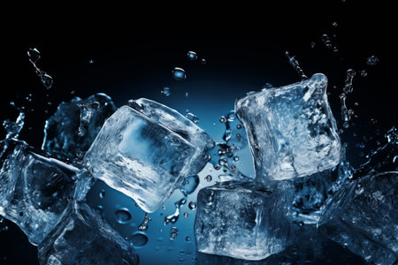 Ice cubes with water splash on black background. 3D rendering.の素材