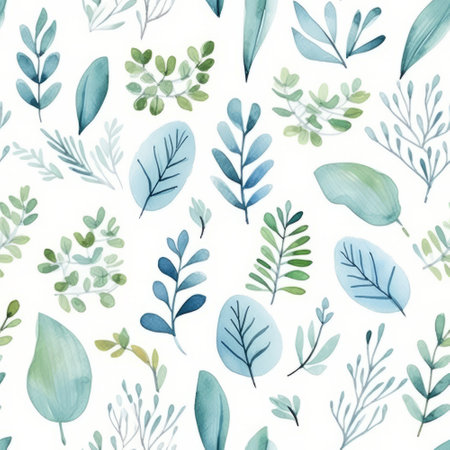 Watercolor seamless pattern with green leaves and branches. Hand drawn illustrationの素材