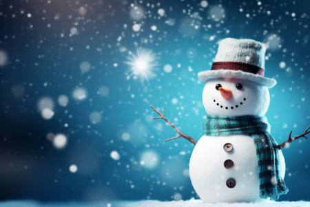 Snowman on blue background with snowflakes and bokehの素材
