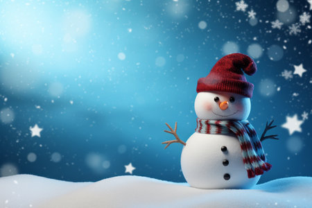 Snowman with red hat and scarf on blue background with snowflakesの素材