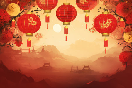 Chinese New Year Landscape Background with Lanterns and Lanterns.の素材