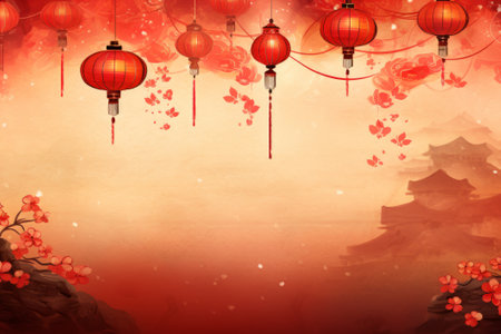 Chinese New Year background with red lanterns and cherry blossom.の素材