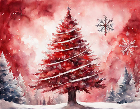 Winter landscape with a Christmas tree and snowflakes. Watercolor illustration.の素材