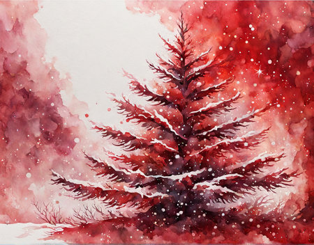 Watercolor winter landscape with fir tree. Christmas and New Year backgroundの素材