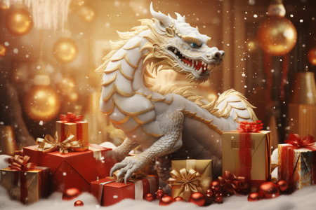 Christmas and New Year's background with the image of a dragon and giftsの素材