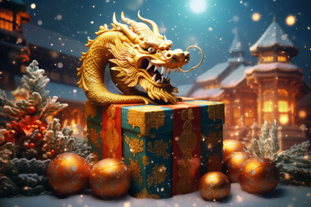 Golden dragon with gift box and christmas decoration. 3d renderingの素材