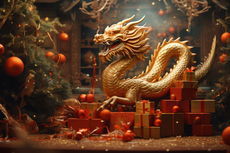 Golden dragon with Christmas tree and gifts. New Year's background.の素材