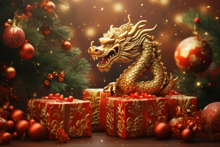 Golden dragon with gift boxes and christmas tree on wooden background.の素材