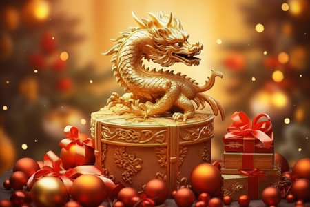 Golden dragon and gift box on christmas background. 3d renderingの素材