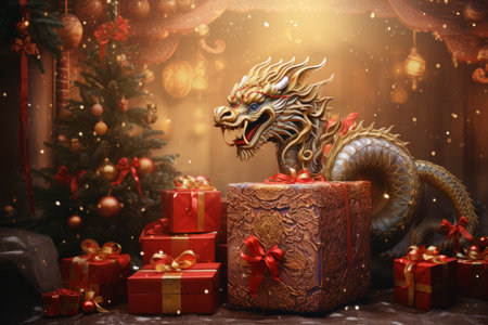 Chinese dragon with gift boxes and christmas tree on the background.の素材