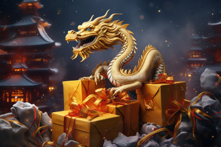 Chinese New Year celebration with golden dragon and gift box. 3D renderingの素材