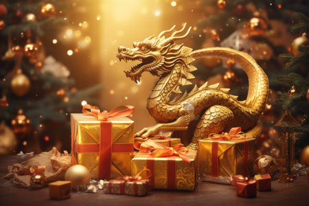 Golden dragon with gift boxes and christmas tree on blurred background.の素材