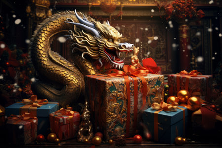 Golden dragon with a gift box. Christmas and New Year background.の素材