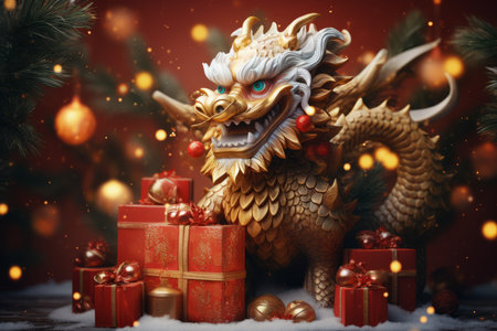 Golden dragon with gifts and christmas tree on red background. Christmas and New Year concept.の素材