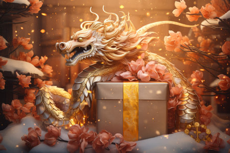Chinese New Year background with golden dragon, gift box and flowers.の素材