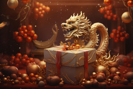 Christmas and New Year background with golden dragon, gifts and decorations.の素材