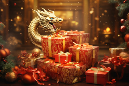 Christmas and New Year background with golden dragon, gifts and Christmas treeの素材