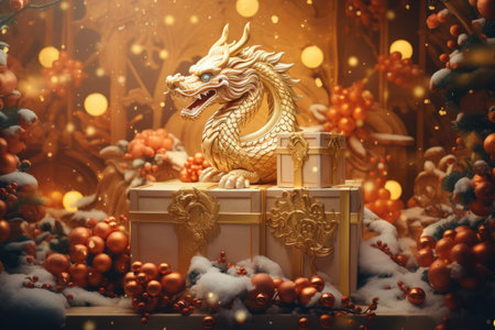Golden dragon with a gift box on the background of Christmas decorations.の素材