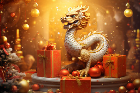 Chinese New Year background with golden dragon, gift boxes and Christmas tree.の素材