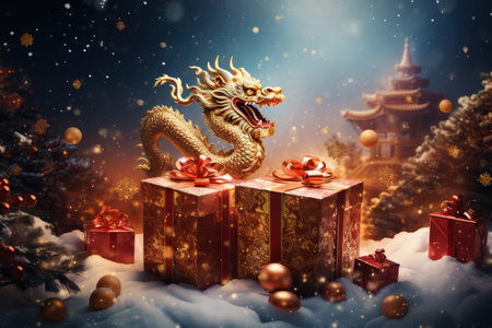 Golden dragon with gift boxes and Christmas tree. 3D illustration.の素材