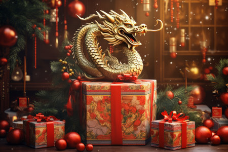 Christmas and New Year background with golden dragon, gifts and decorations.の素材