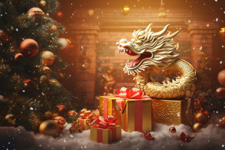 Golden Chinese dragon with gift boxes and christmas tree. 3D renderingの素材
