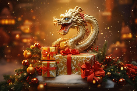 Golden dragon with christmas gift box on wooden table. Christmas concept.の素材