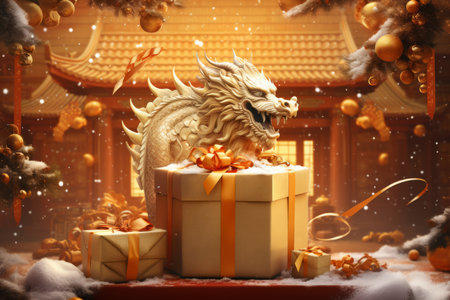 Golden dragon with gift box on snow background. Christmas and New Year conceptの素材