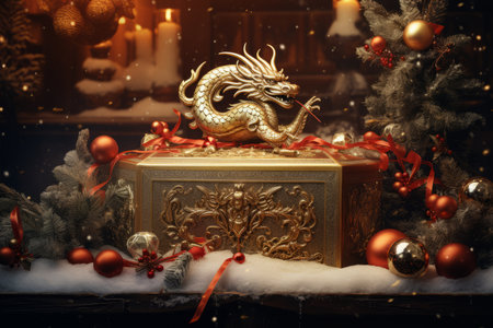 Golden dragon on a golden gift box with christmas ornamentsの素材