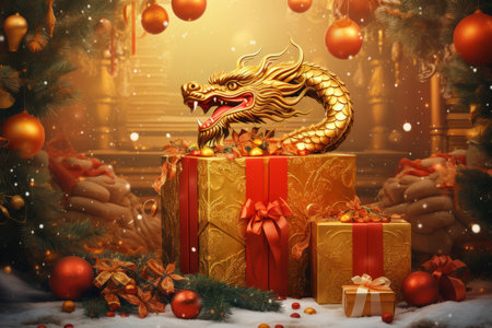 Golden dragon with gift boxes and christmas tree. 3d renderingの素材