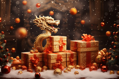 Golden dragon with gift boxes and Christmas tree on a wooden background.の素材