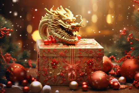 golden dragon and gift box on christmas background with bokehの素材